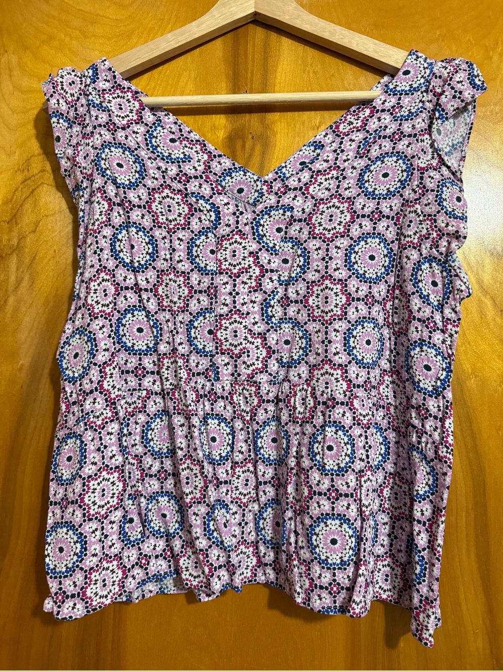 LOFT Pink and Blue Printed V-Neck Flutter Sleeve Blouse